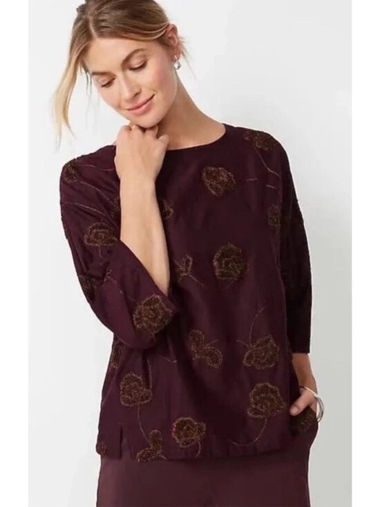J. Jill Tops - Pure Jill J Jill Valley Embroidered Purple Brown Top Fall Colors Boho Textured
